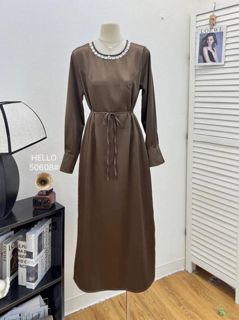 Crystal Decor Long Sleeves Long Satin Dress